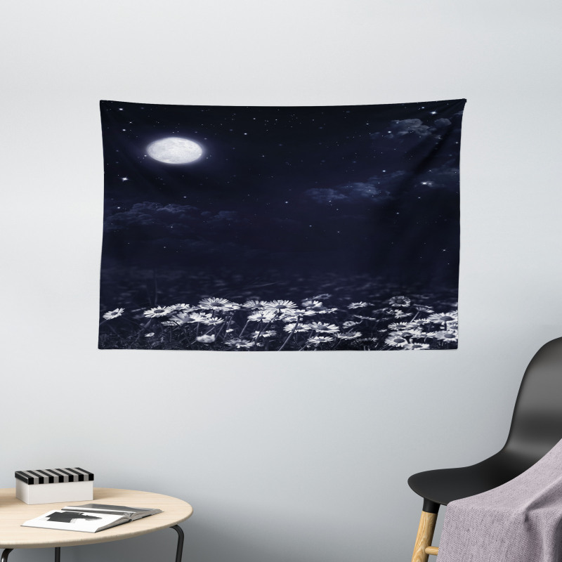 Dark Night White Daisies Wide Tapestry