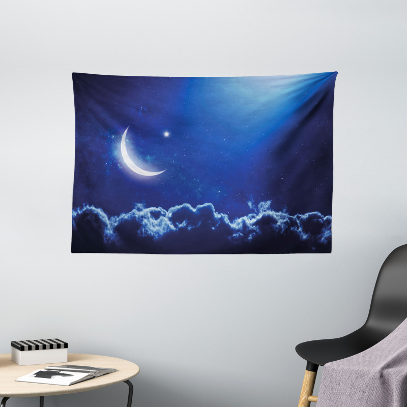 Crescent Moon and Stars Wide Tapestry