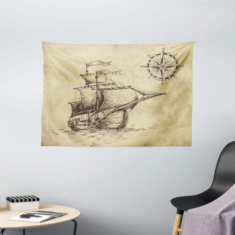 Old Paper Ship Wide Tapestry