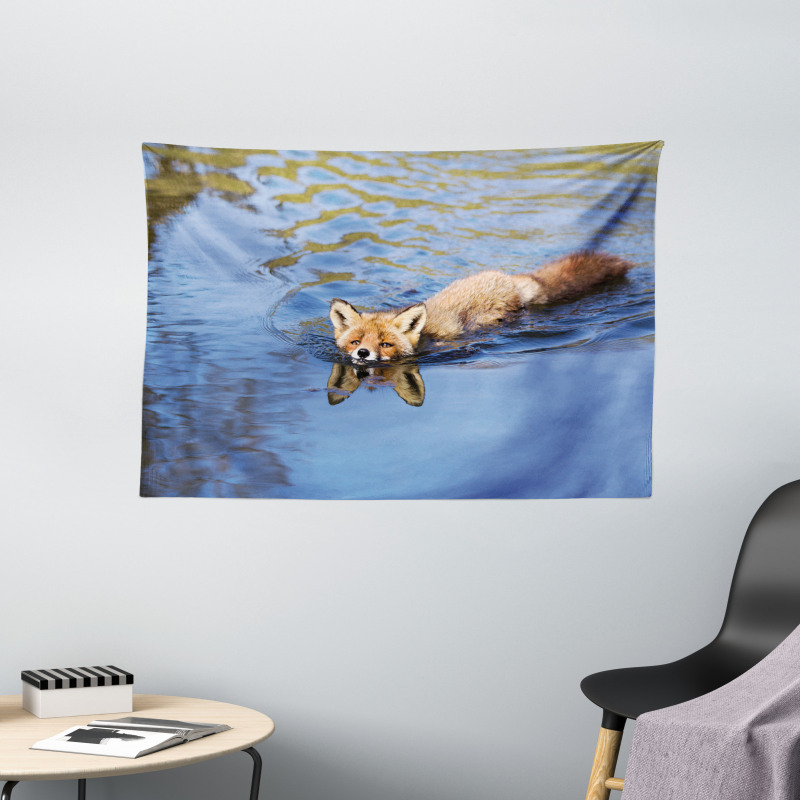 Fox Swimming in River Wide Tapestry