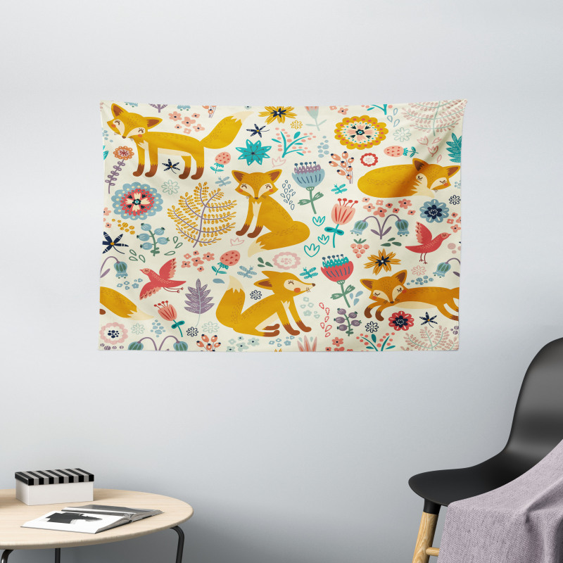 Foxes Ornate Flowers Birds Wide Tapestry