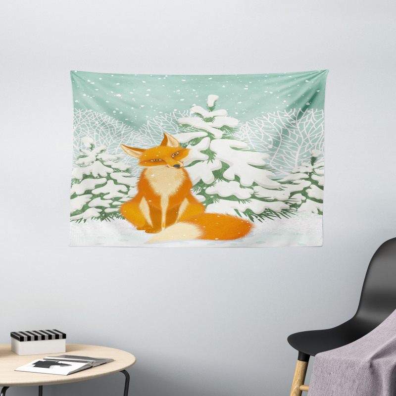 Red Fox Winter Forest Xmas Wide Tapestry