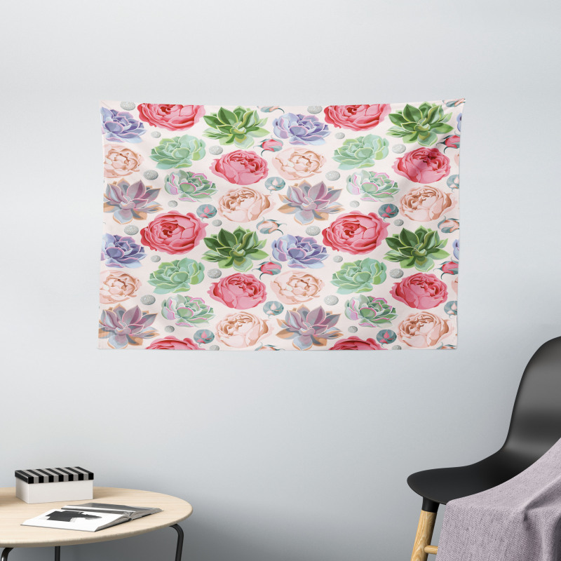 Peony Roses and Cactus Wide Tapestry