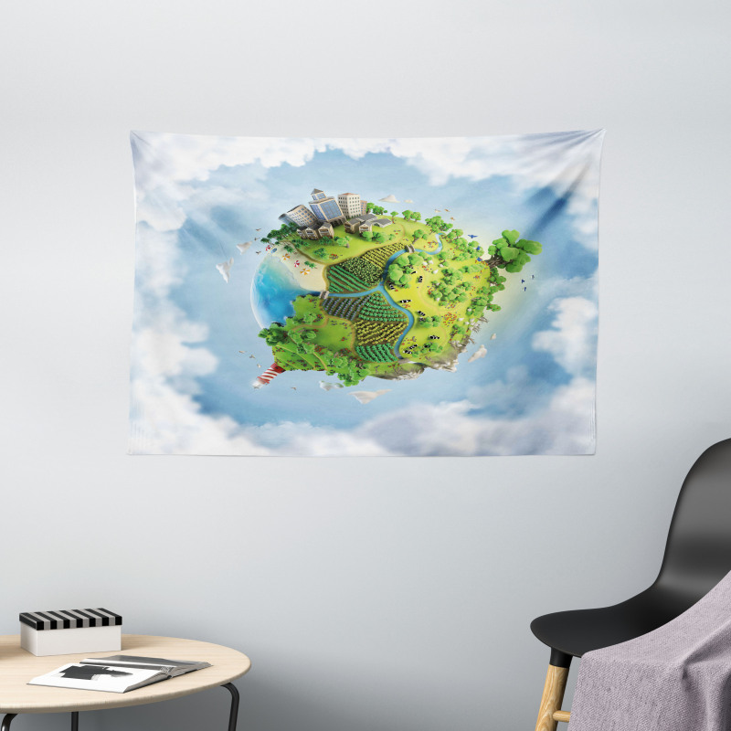 Cartoon Globe Greenery Wide Tapestry