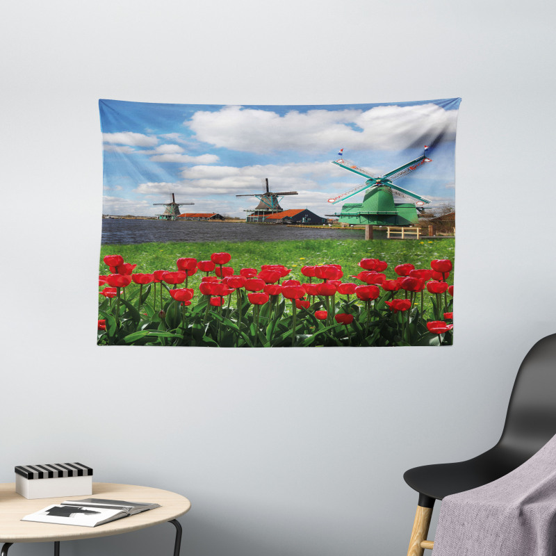 Red Color Tulips Field Wide Tapestry