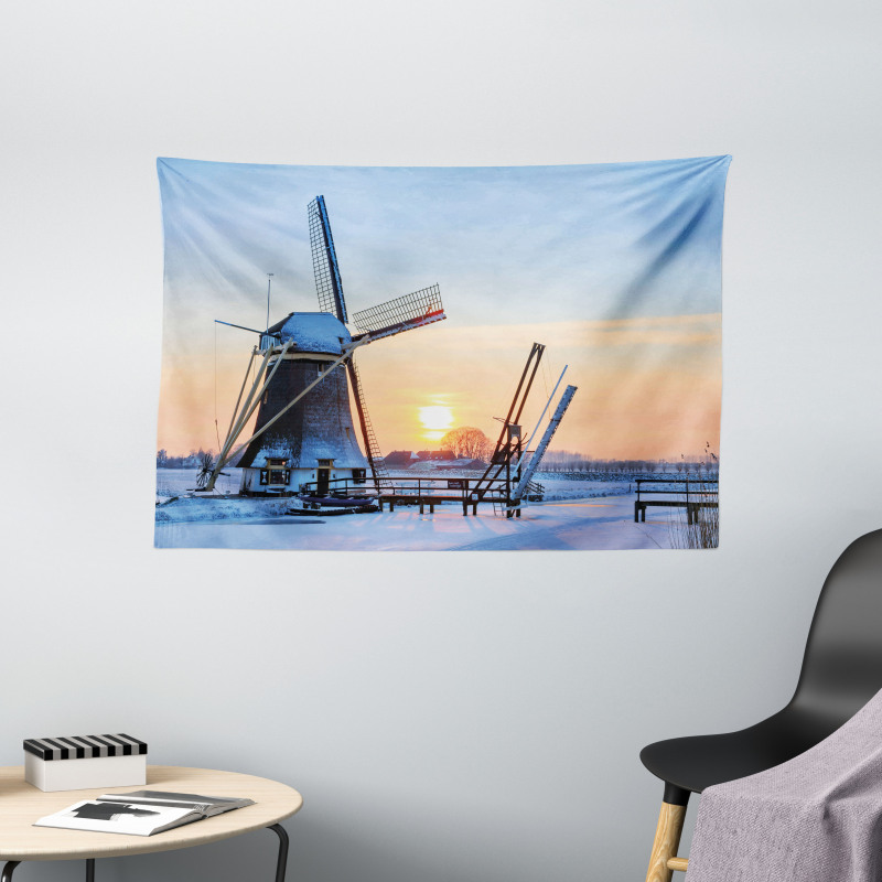 Icy Dutch River Sunset Wide Tapestry