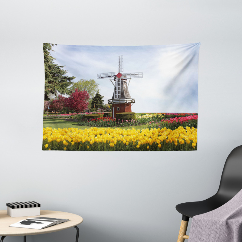 Serene Garden Tulips Wide Tapestry