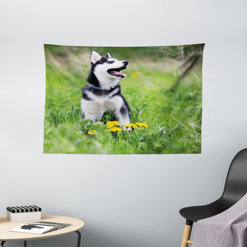 Puppy on Grass Wide Tapestry