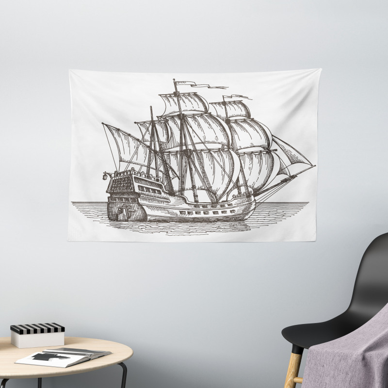 Retro Ship on Water Wide Tapestry