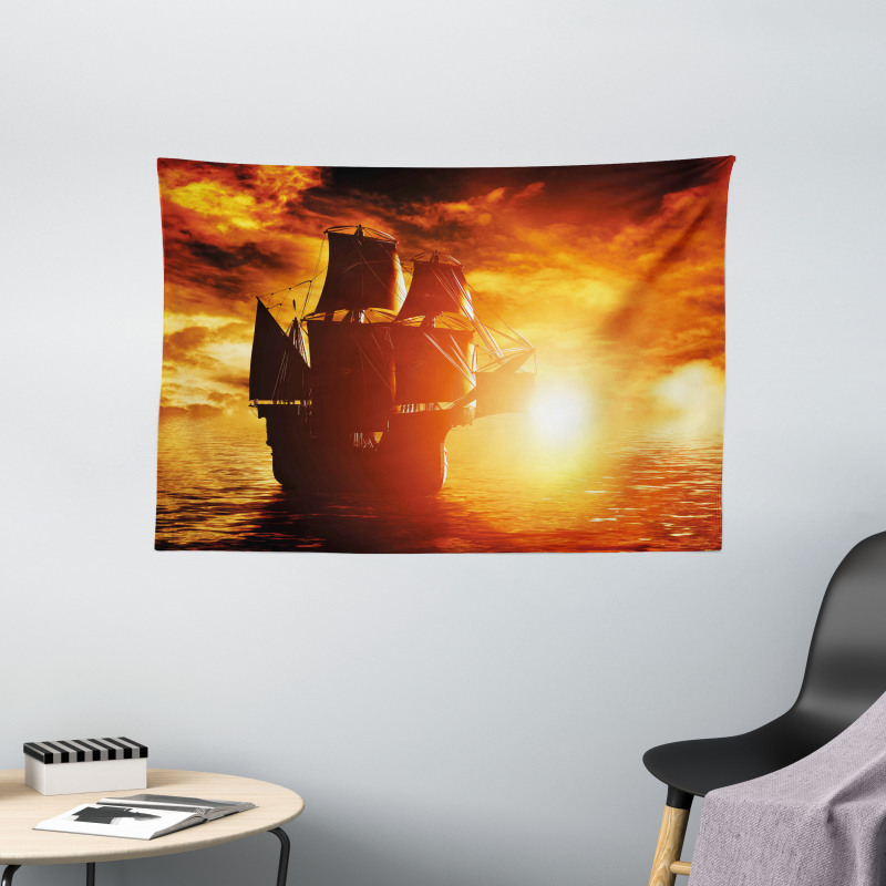 Ship Sunset Wide Tapestry