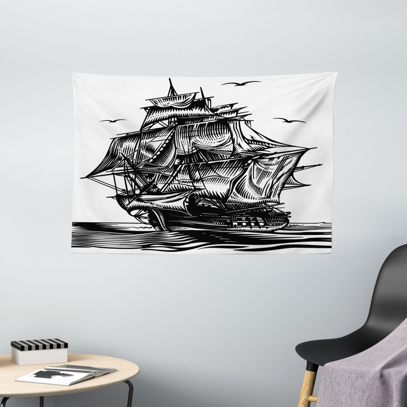 Nautical Line Art Wide Tapestry