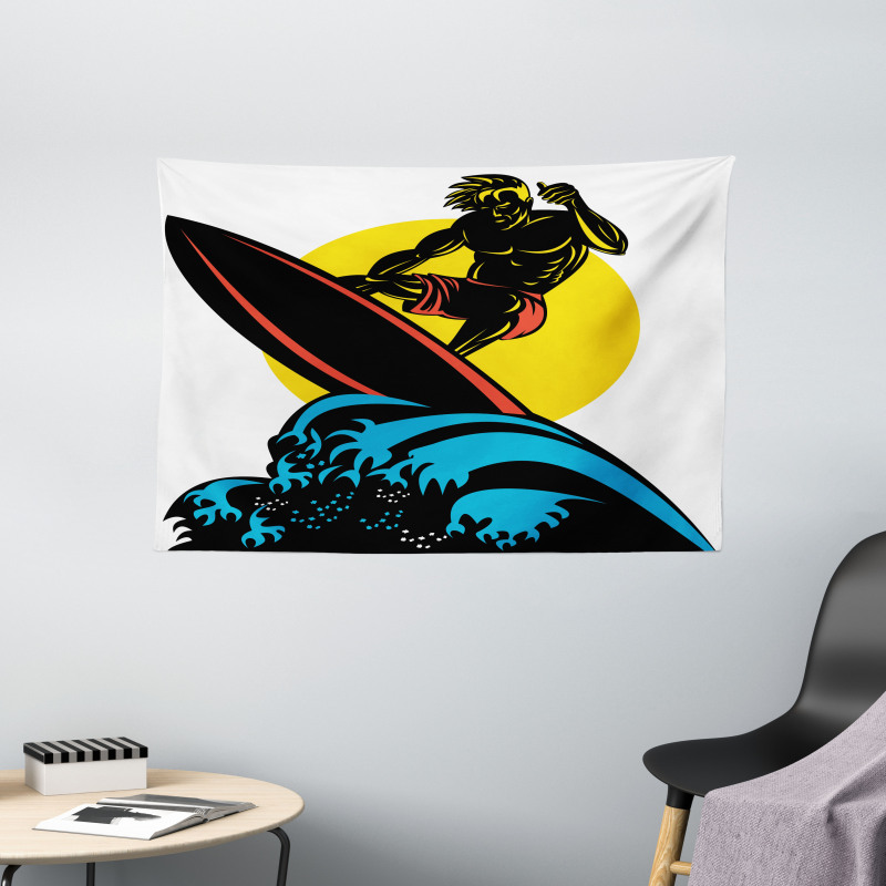 Man on Sea Waves Wide Tapestry