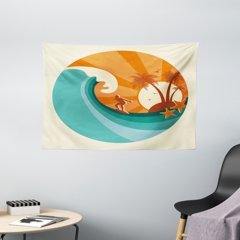 Retro Man Surfing Wide Tapestry