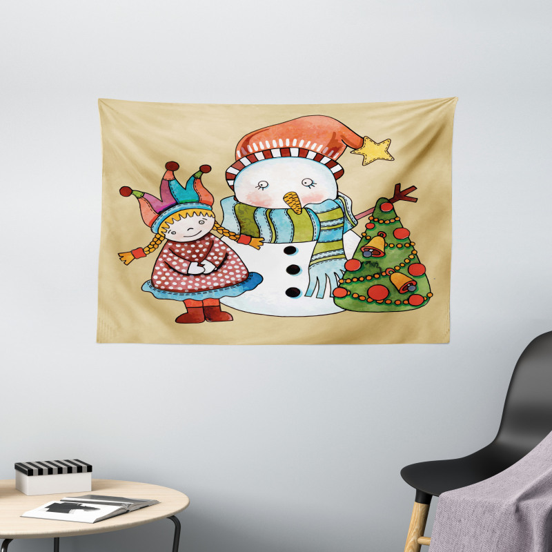 Toy Snowman Tree Wide Tapestry