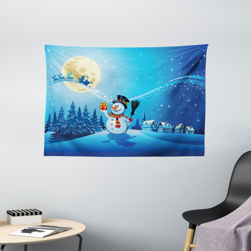 Snowy Land Pines Moon Wide Tapestry