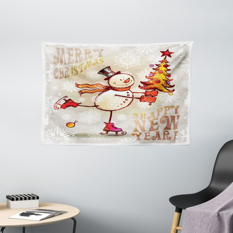 Skating Happy Snowman Wide Tapestry