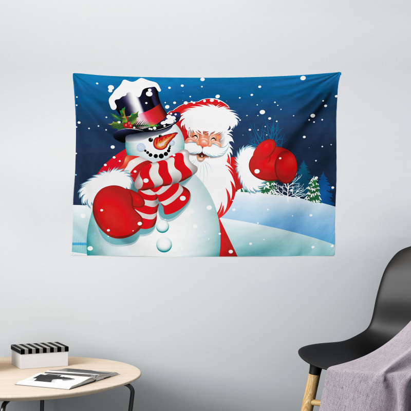 Santa Snowman Hug Wide Tapestry