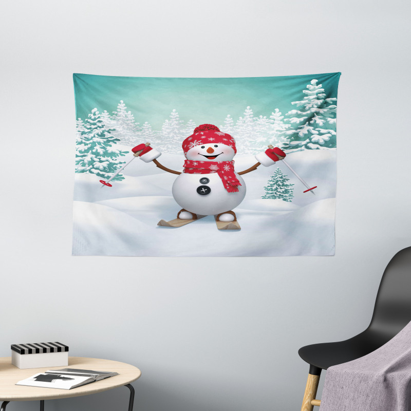 Skiing Snowman Trees Wide Tapestry