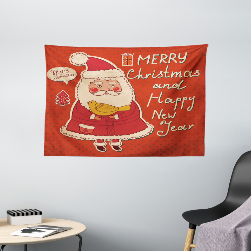 Santa and Yellow Bird Wide Tapestry