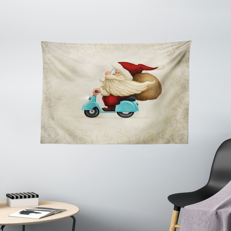 Santa on Motorcycle Wide Tapestry