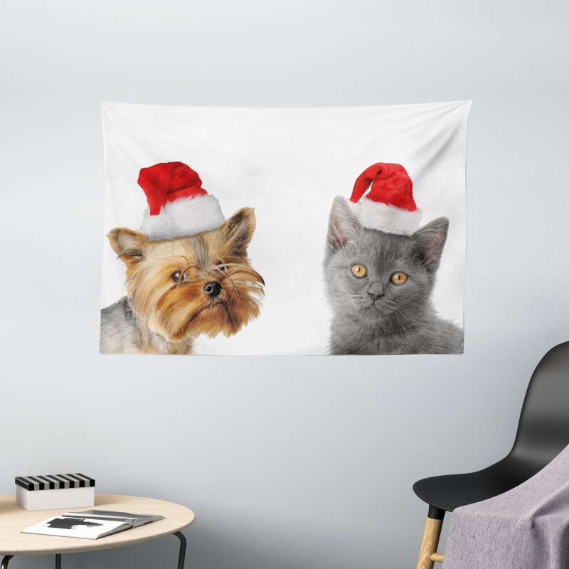 Cat Dog Xmas Hats Wide Tapestry