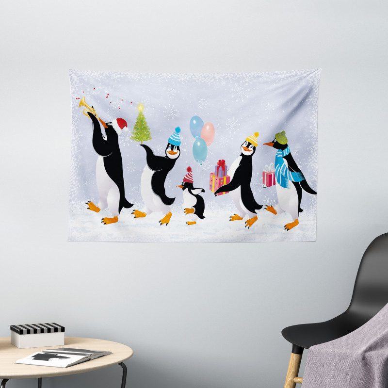 Penguins in Caps Wide Tapestry