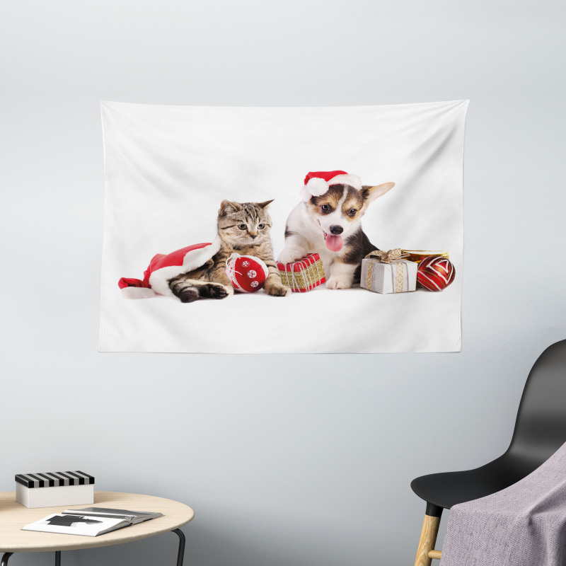 Dog Cat with Presents Wide Tapestry