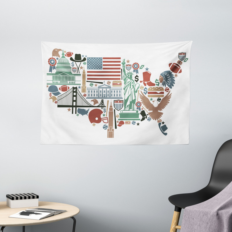 Travel Landmarks USA Flag Wide Tapestry