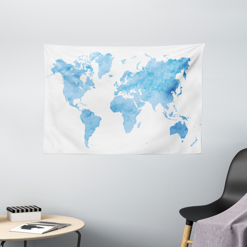 Blue Watercolor World Map Wide Tapestry