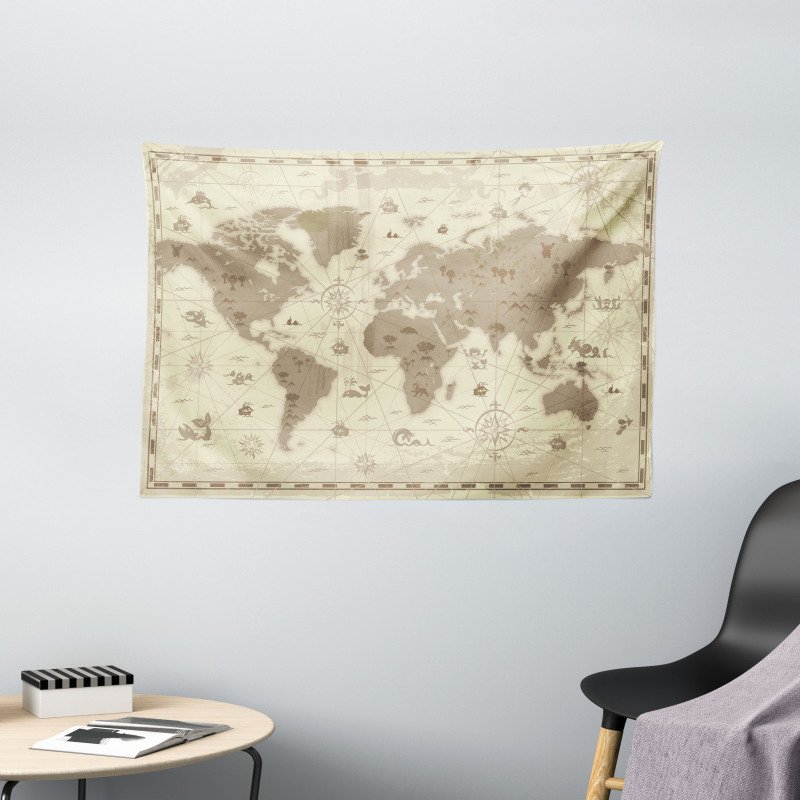 Aged World Monsters Compass Wide Tapestry
