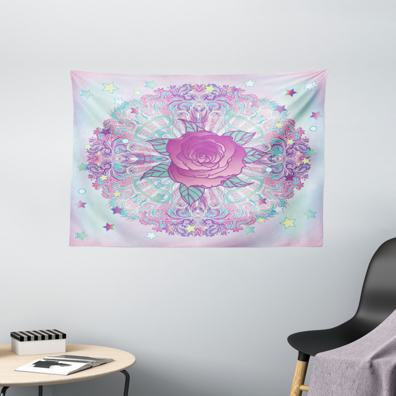 Psychedelic Rose Mandala Wide Tapestry