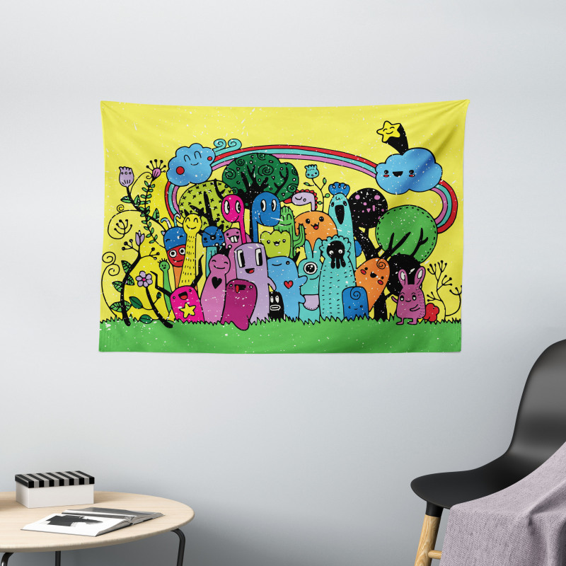 Hand Drawn Crazy Doodle Wide Tapestry