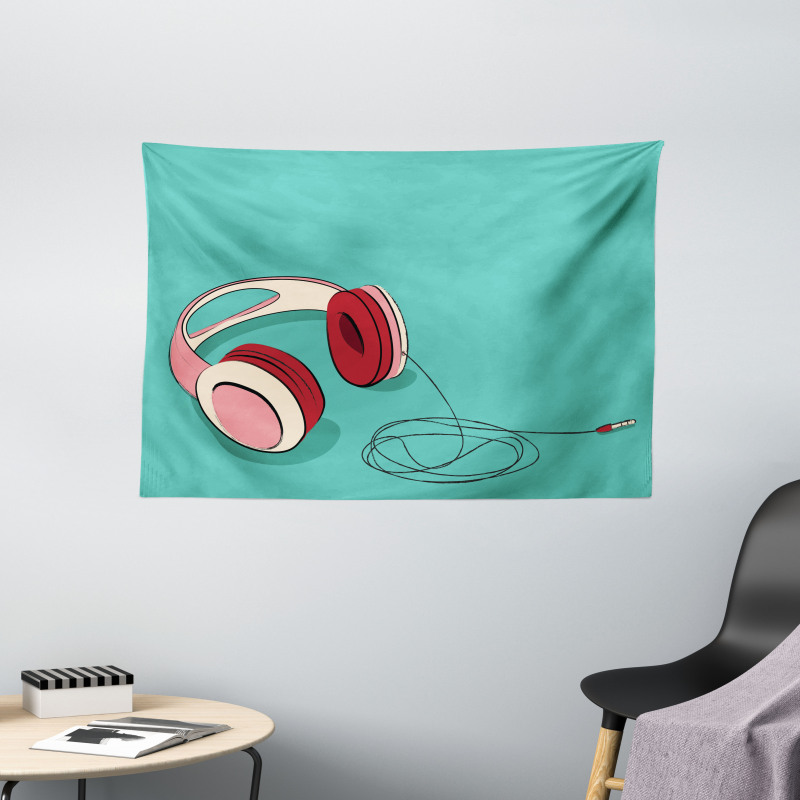 Cool Pink Retro Earphones Wide Tapestry