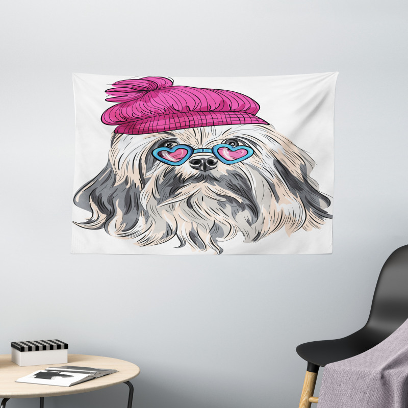 Lowchen Dog Glasses Hat Wide Tapestry