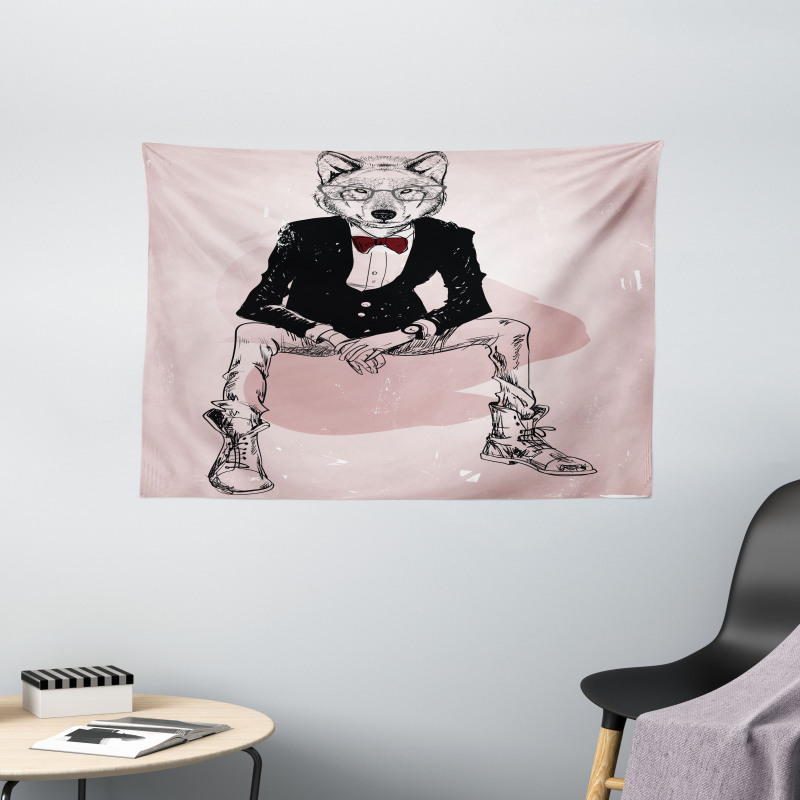 Hipster Wild Wolf Glasses Wide Tapestry