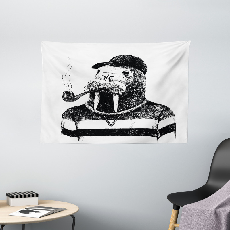 Walrus with Pipe Sketch Wide Tapestry