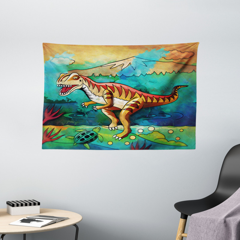 Colorful Velociraptor Wide Tapestry