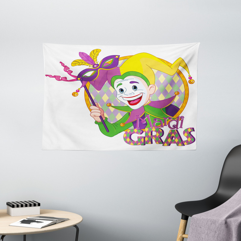 Cartoon Jester Mask Wide Tapestry