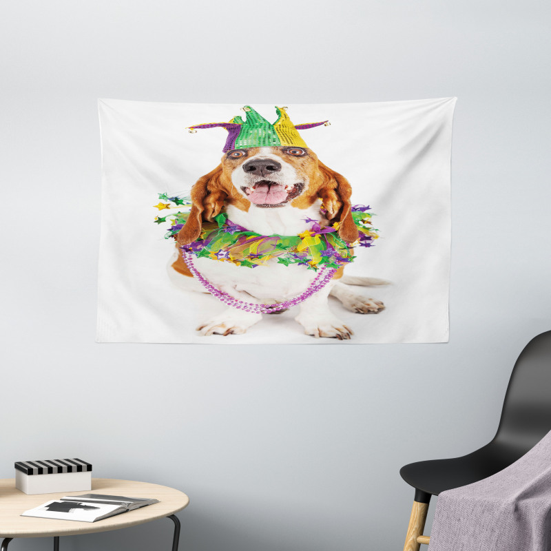 Happy Dog Jester Hat Wide Tapestry