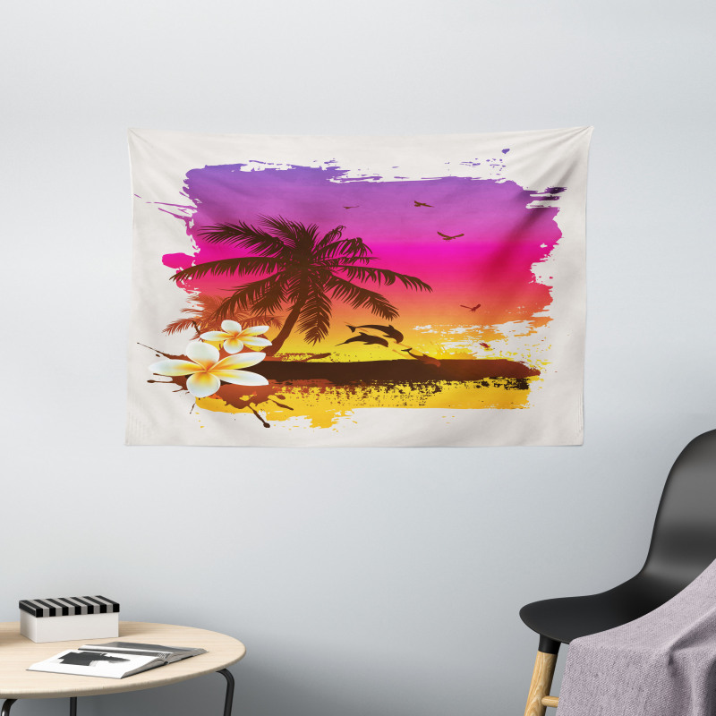 Tropical Beach Sunset Wide Tapestry