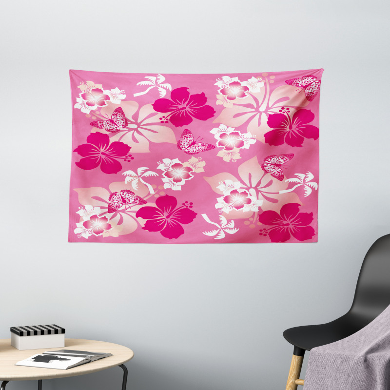 Pink Hibiscus Butterflies Wide Tapestry