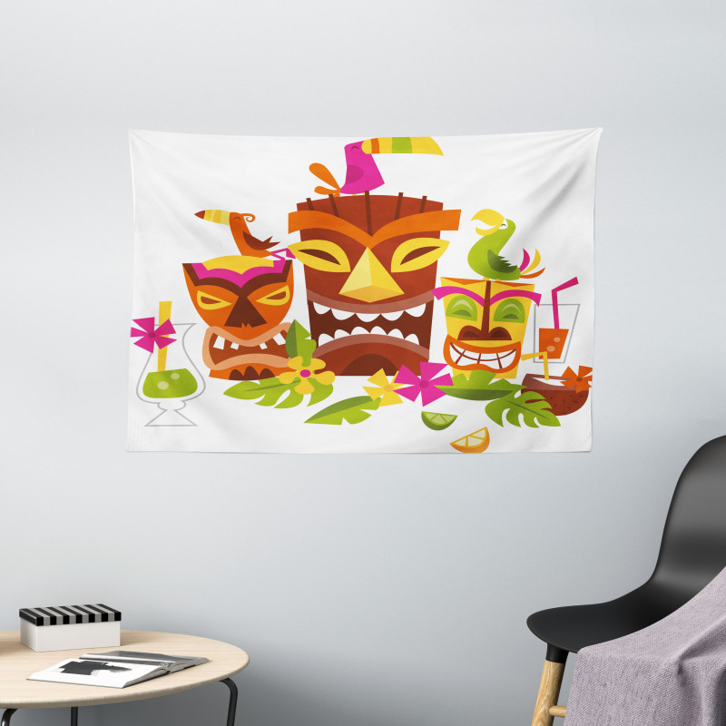 Tiki Masks Drinks Birds Wide Tapestry