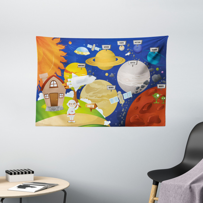 Cartoon Outer Space Wide Tapestry