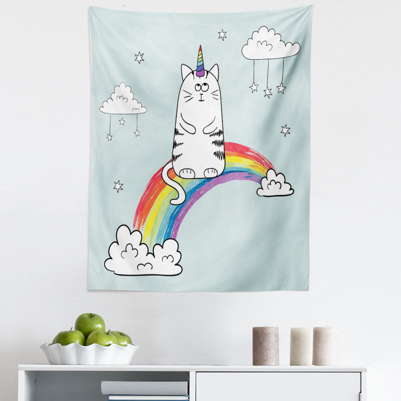 Komik Mikrofiber Duvar Halısı Unicorn Kedi Desenli