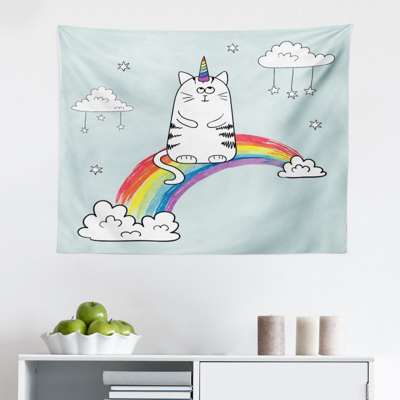 Komik Mikrofiber Geniş Duvar Halısı Unicorn Kedi Desenli