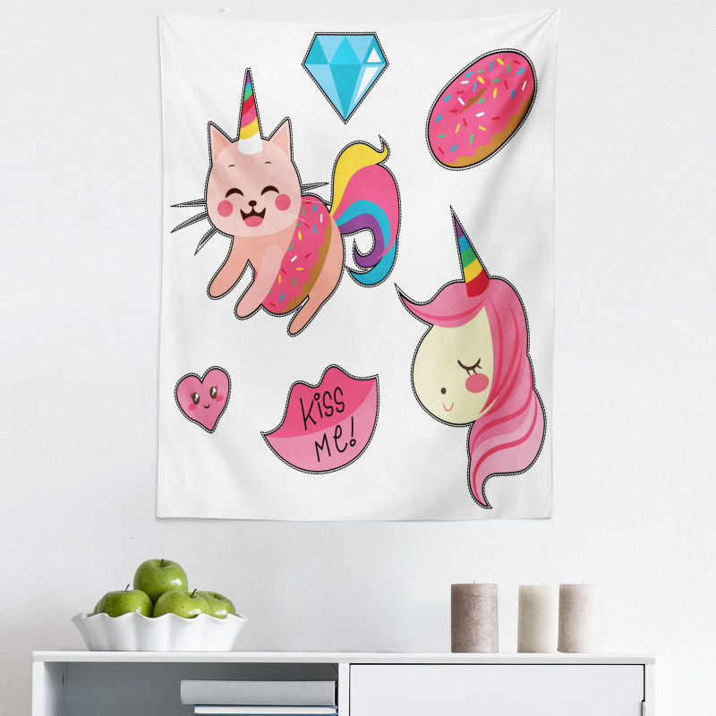 Tatlı Mikrofiber Duvar Halısı Pembe Unicorn ve Kedi