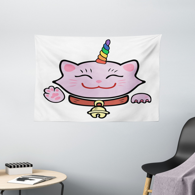 Pink Maneki Neko Wide Tapestry