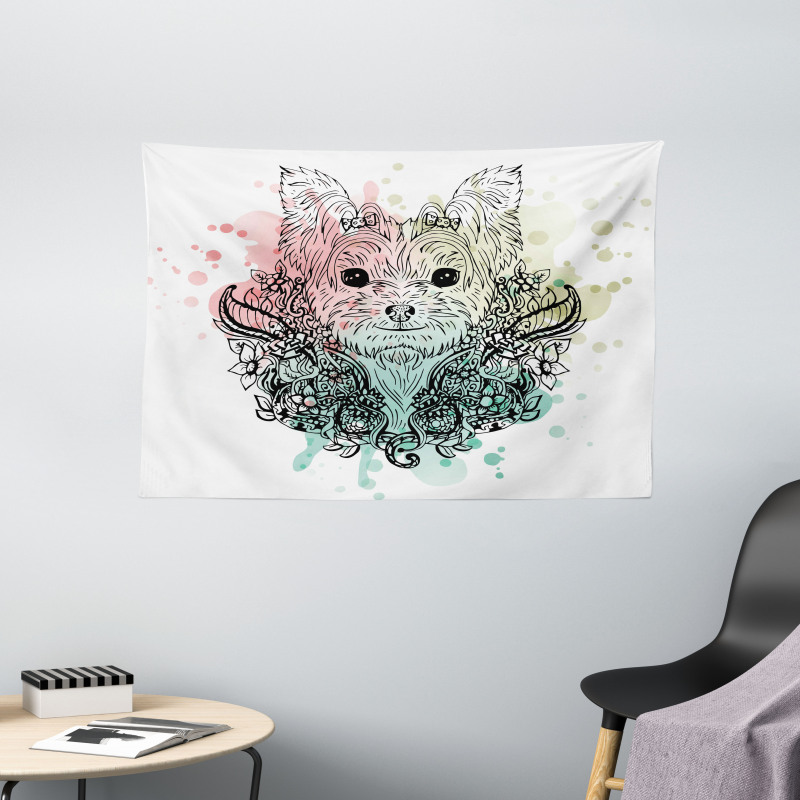 Dog Sketch Flowers Wide Tapestry