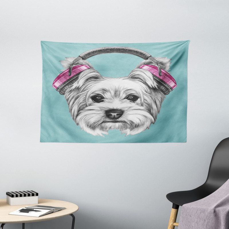 Headphones Music Dog Wide Tapestry