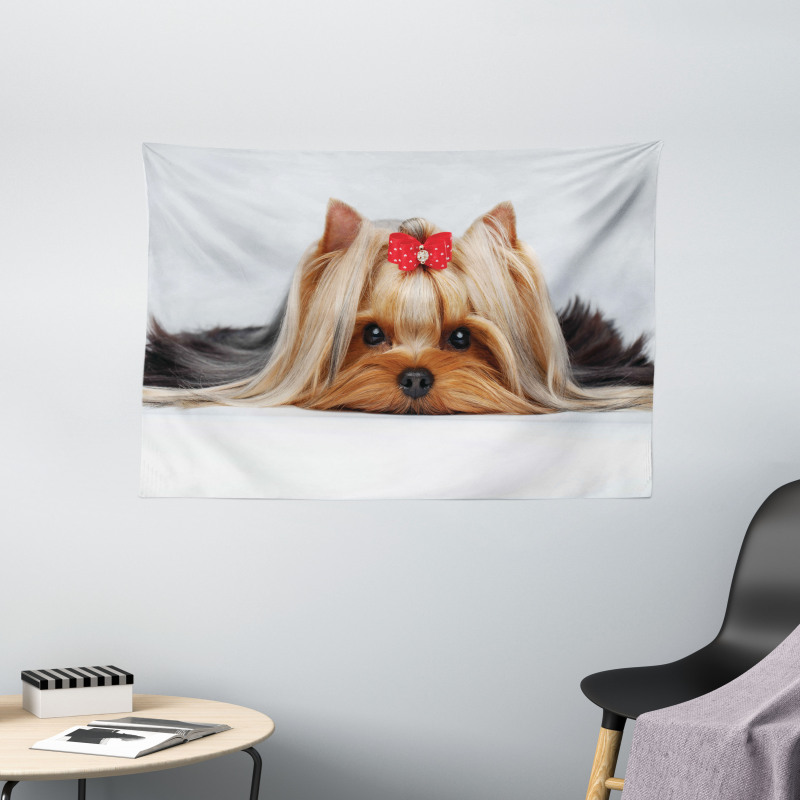 Lying Dog Ribbon Love Wide Tapestry